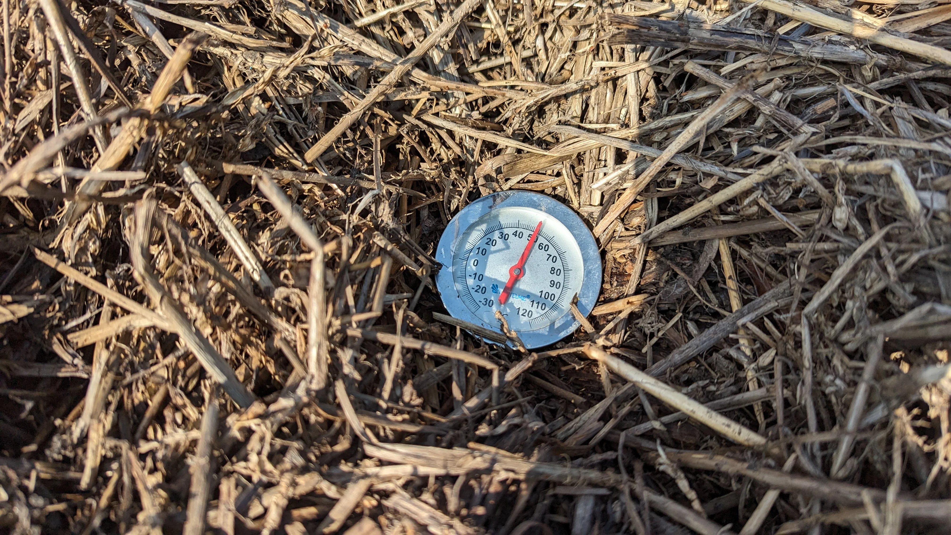 Thermometer zeigt 50 Grad Celsius im Kompost